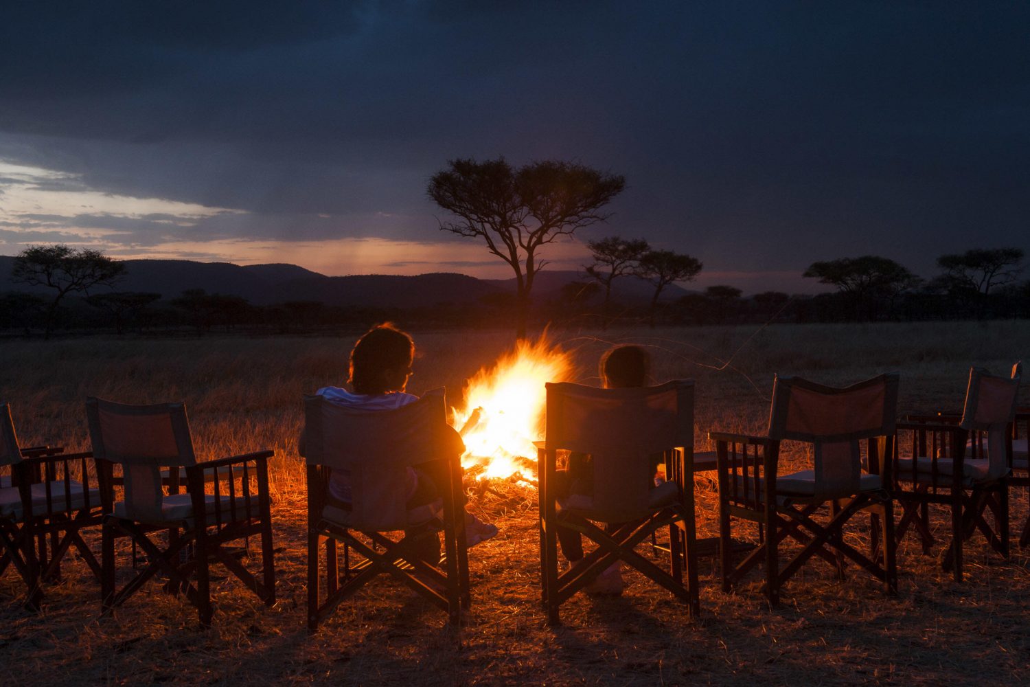 A luxury tented campfire setup in Serengeti under a star-filled African night sky.