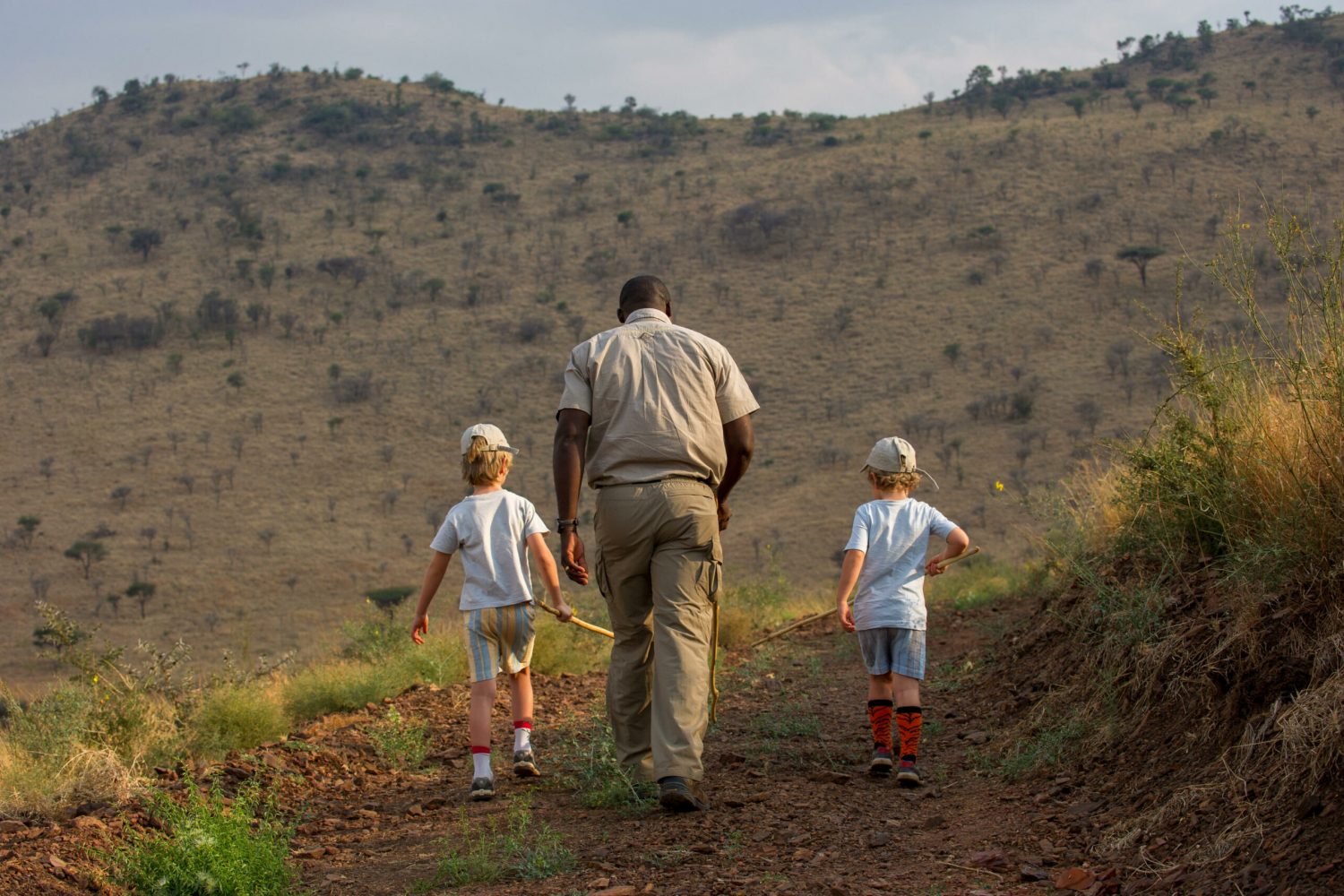 A family enjoying a private safari game drive in Tanzania, spotting elephants in the distance.