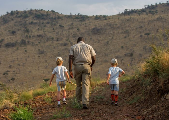 A family enjoying a private safari game drive in Tanzania, spotting elephants in the distance.